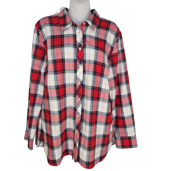 Talbots Shirt Womens Large Red Cotton Long Sleeve Button Front Plaid Metallic - Picture 1 of 8